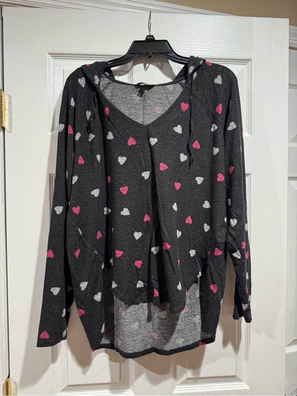 Lucky Brand Black V-Neck Hoodie Sweater with Pink & White Hearts